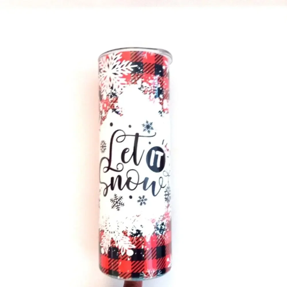 Let it Snow Red Buffalo Plaid Snowflake 20 oz. Skinny Tumbler cup Hot Cold Drink